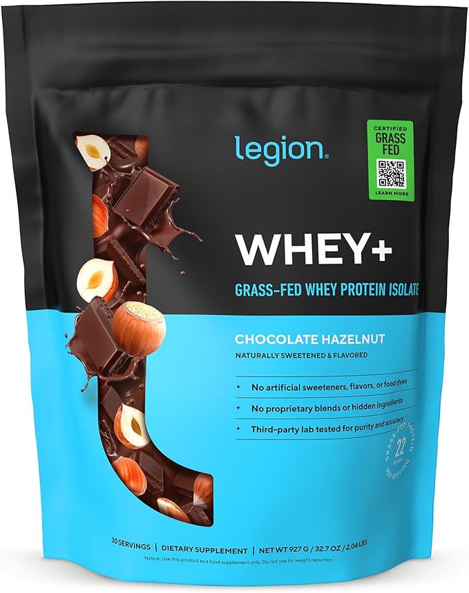 LEGION Whey+ Protein Whey Isolate from Grass Fed Cows (Chocolate Hazelnut 30 Servings) - Whey Protein Isolate Powder Low Calorie Non-GMO Sugar Free Lactose Gluten Free All Natural Protein Powder