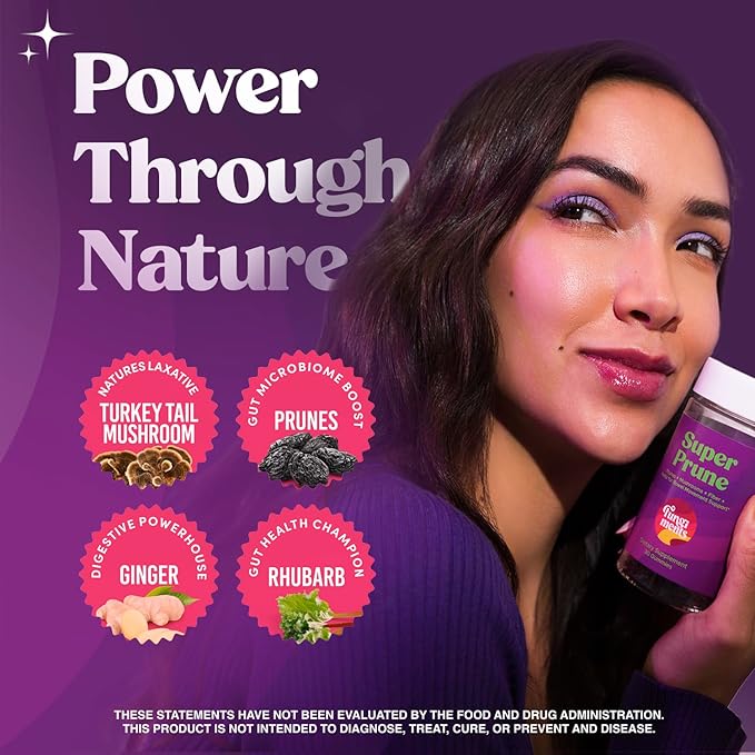 Fungiments Super Prune - Mushroom Supplement - Turkey Tail Mushrooms Fiber Rhubarb Prunes Ginger Chamomile - Debloating Constipation Relief (30 Mushroom Gummies)