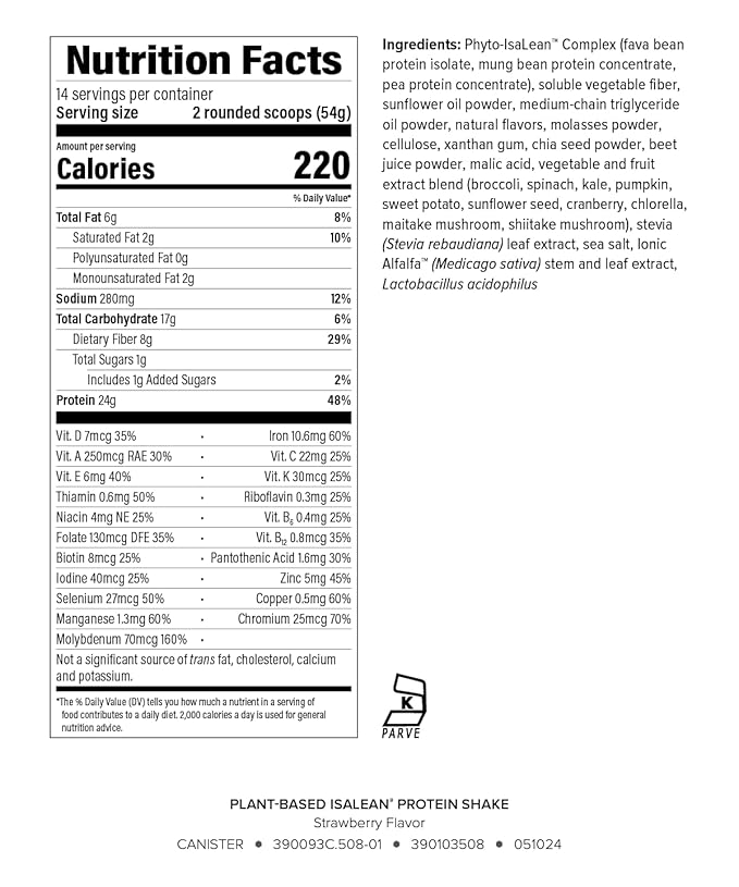 Isagenix Plant-Based IsaLean Protein Shake - Energy Powder with Whole-Food Sourced Vitamins - Supports Lean Muscle Growth &amp Healthy Metabolism - Gluten &amp Soy Free - Strawberry 26.7 oz (14 Ser