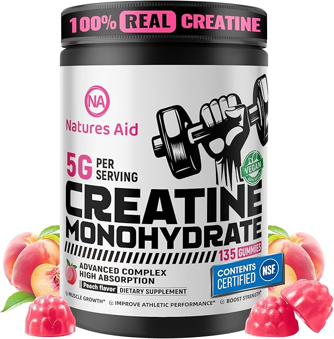 Natures Aid NSF Certified Creatine Gummy 5g - Creatine Monohydrate Gummies – Pre-Workout Energy &amp Muscle Growth Support for Men &amp Women | Peach Electrolyte Gummies (135 Count)