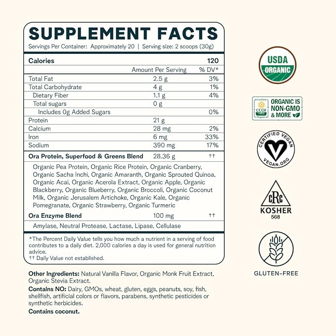 Ora Organic Protein Powder Vanilla Chocolate &amp Vanilla Chai Bundle: 21g Plant Based Vanilla Vanilla Chai 20 Servings + 22g Plant Based Chocolate 20 Servings