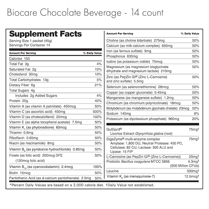 Biocare Nutritional Beverage for GLP-1 Users Dietary Powder Drink Provides 20g Essential Protein 26 Vitamins/Minerals Helps Ease Nausea Bloating Constipation Chocolate (14 Count)