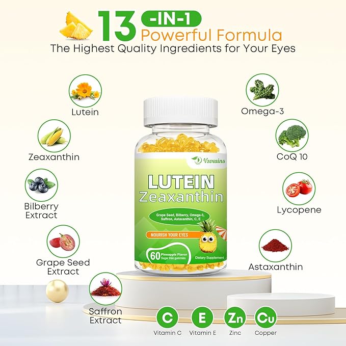 Lutein 20 mg with Zeaxanthin Gummies Lutein and Zeaxanthin Supplements with Eye Vitamins C E Bilberry for Eye Health - 120Cts