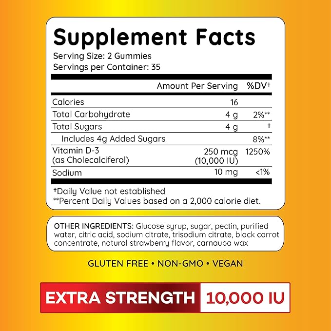 PAYÉ Vitamin D Gummies D3 10000 IU (250 mcg) per Serving Dietary Supplement for Bone Teeth Muscle and Immune Health Support Kids and Adults* - 140 Count