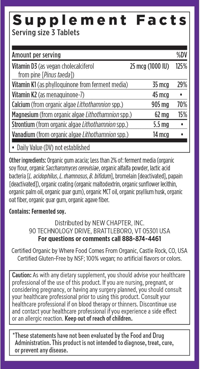 New Chapter Calcium Supplement - Bone Strength Plant-Based USDA Organic Calcium with Magnesium Vitamin D3+K2 for Bone Health &amp Joint Mobility Heart Support 905 mg dose - 120 Slim Tablets