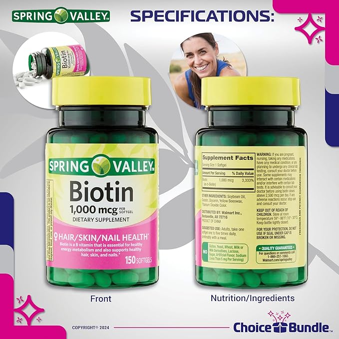 Choice Bundle Spring Valley Biotin Softgels 1000mcg Dietary Supplement for Hair Skin Nail Health 150 Ct 4 pk (600 Total) + Vitamin Guide &amp Pill Container (6 Items)!