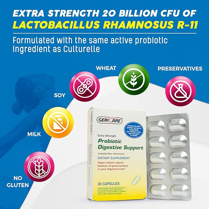 GeriCare Probiotic Digestive Support | Extra Strength 20 Billion CFU Lactobacillus Rhamnosus R-11 Daily Probiotic | Keeps Your Digestive System Balanced | 30 Capsules (2 Pack)