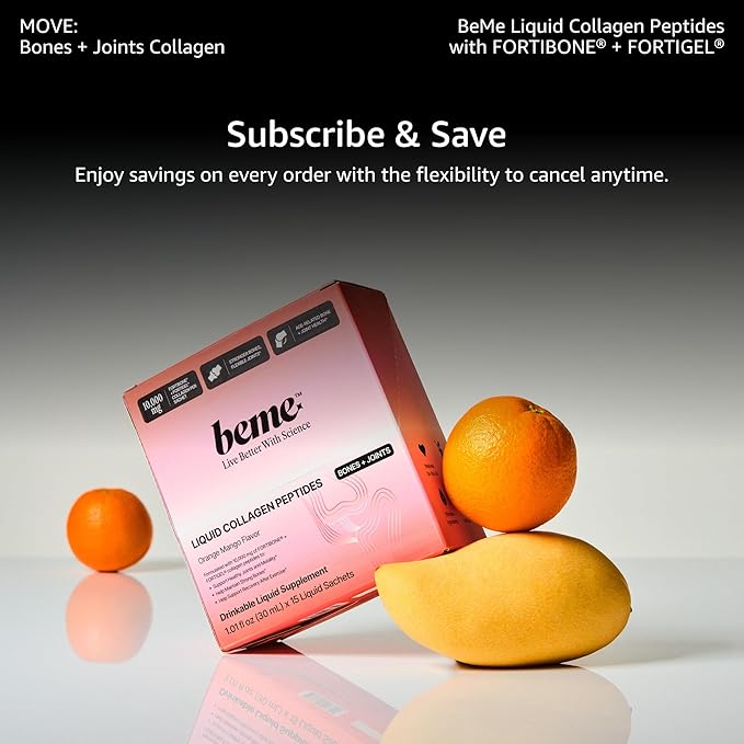 BeMe Bone &amp Joint Collagen Supplement — 10000mg FORTIBONE + FORTIGEL Hydrolyzed Collagen Peptides — Clinically Proven for Bone Density &amp Joint Mobility — Liquid Sachets Orange Mango 15 Coun