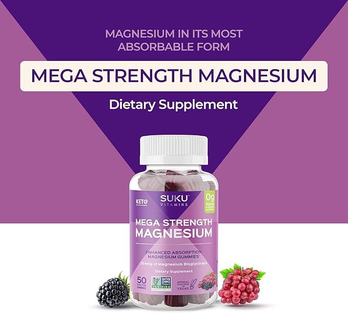 SUKU Vitamins - Mega Strength Magnesium - 177 mg of Magnesium Bisglycinate Gummies for Muscle Function - Easy to Chew - Non GMO Gluten Sugar Free - Grape BlackBerry Flavored Gummy Vitamins (50 Count)