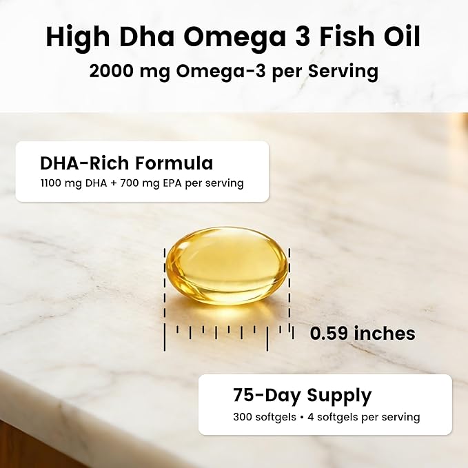 High DHA Omega 3 Fish Oil – 2000 mg Fish Oil Omega 3 Supplements Including 1100 mg DHA + 700 mg EPA – Supports Brain Health Focus Memory &amp Mood – Lemon Flavor 300 Softgels