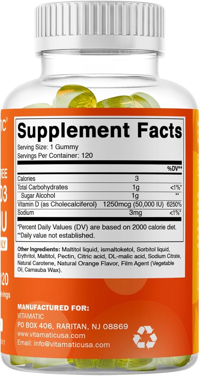 Vitamatic Sugar Free Vitamin D3 50000 IU Weekly Supplement - 120 Pectin Based Gummies - Vitamin D Capsules for Bones Teeth and Immune Support (50000 IU) - 2 Pack
