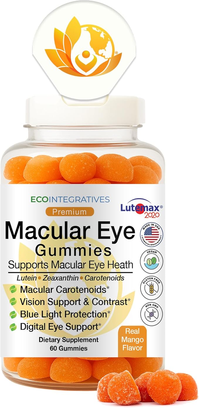 Premium Macular Eye Gummies with Lutemax 2020 – Lutein &amp Zeaxanthin Carotenoids for Eye Health Blue Light &amp Vision Support Real Mango Flavor Easy Flip-Top Lid 60 Gummies