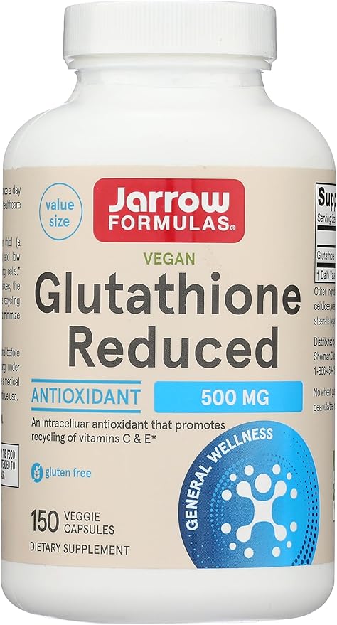 Jarrow Formulas Glutathione Reduced 500 mg - 150 Veggie Capsules - Intracellular Antioxidant - Quality Glutathione Supplements - Supports Recycling of Vitamins C &amp E - Non-GMO - Gluten Free - Vega