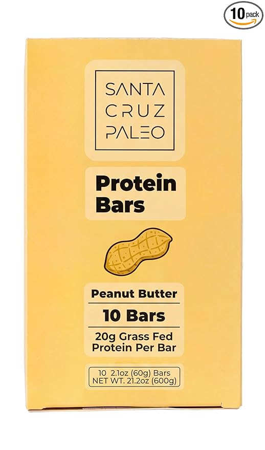Santa Cruz Paleo Protein Bar – 20g Grass-Fed Whey &amp Collagen Protein – Wildflower Honey Sweetened No Seed Oils High Protein Snack Bar (Peanut Butter Flavor Pack of 10)