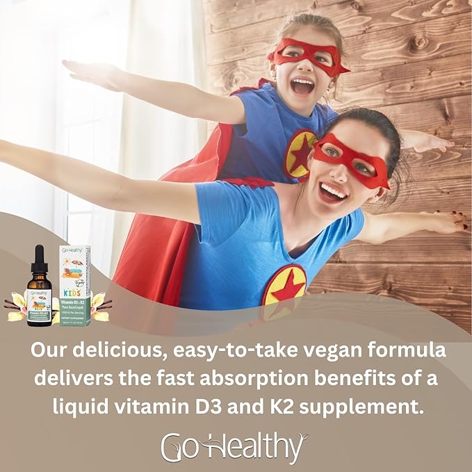 Go Healthy Kids Vitamins D3 K2 (MK-7) Child Vitamin D Liquid Vegan D3 K2 Drops for Kids Sugar-Free Easy-to-Absorb Children's Growth &amp Immune Support Vanilla Flavor - 30 Servings