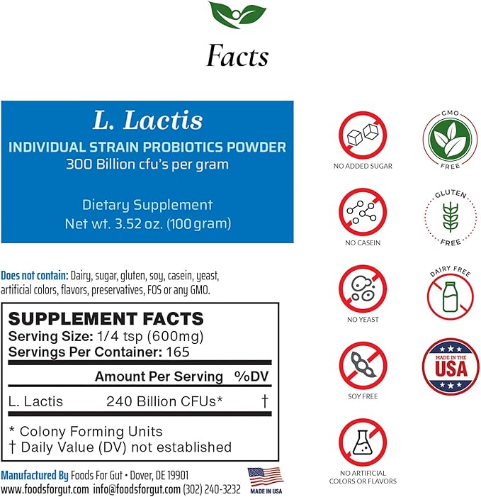 Foods For Gut Lactobacillus Lactis Probiotic Powder 300 Billion cfu's | Made in USA | No Additives | Direct from Manufacturer | No Third-Party Storage | Immune Support | L. Lactis | 100 Gram (3.52 Oz)