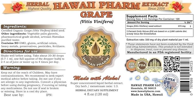 Hawaii Pharm Grape Liquid Extract Grape (Vitis Vinifera) Seed Tincture Supplement 32 oz Unfiltered
