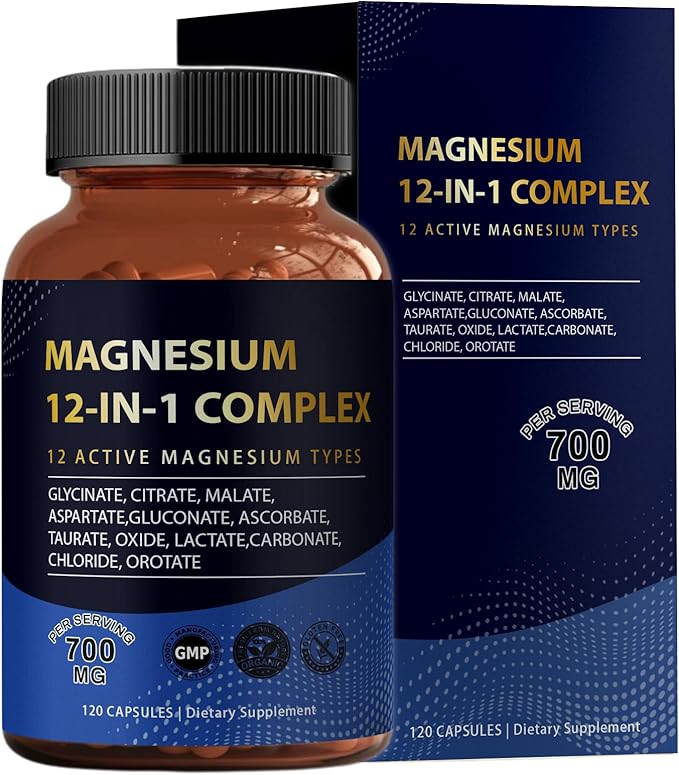 Puravita Magnesium Complex 700mg 12 in 1 Magnesium Supplement with Glycinate Citrate Malate &amp More | Easy Absorption Energy Support Vegan &amp Non-GMO | 120 Capsules (1pc)
