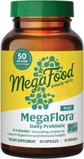 MegaFood MegaFlora Probiotic Plus - Probiotics for Women and Men Digestive Health- 50 Billion CFUs &amp 14 Strains - Immune Support Supplement - Vegetarian - 30 Capsules