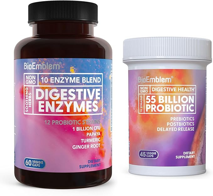 BioEmblem Probiotics for Women &amp Men – 55 Billion CFU with Prebiotics Postbiotics &amp Digestive Enzymes - 10 Enzymes