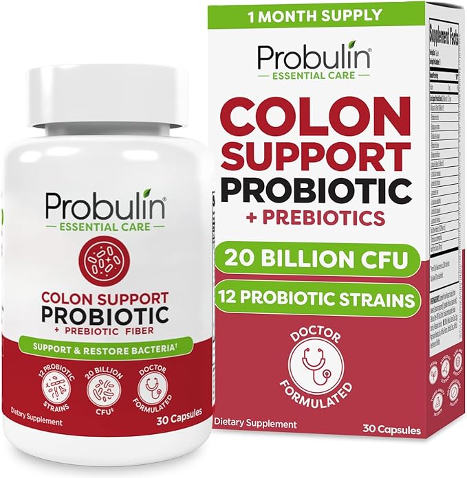 Probulin Colon Support Probiotic Supplement Daily Gut Digestive and Immune Health Probiotics Capsules for Men and Women 20 Billion CFU Vegan 30 Count Bottle