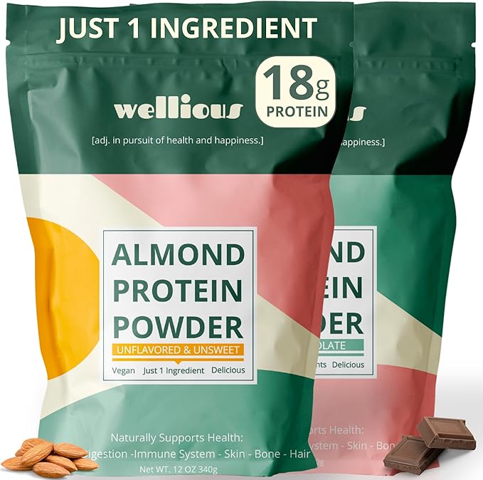 wellious Almond Protein Powder Bundle (1 Chocolate &amp 1 Unflavored) - 18 Grams of Pure Healthiest Vegan Protein - Gluten-Free Soy-Free Gut Friendly Protein Powder for Sports Nutrition