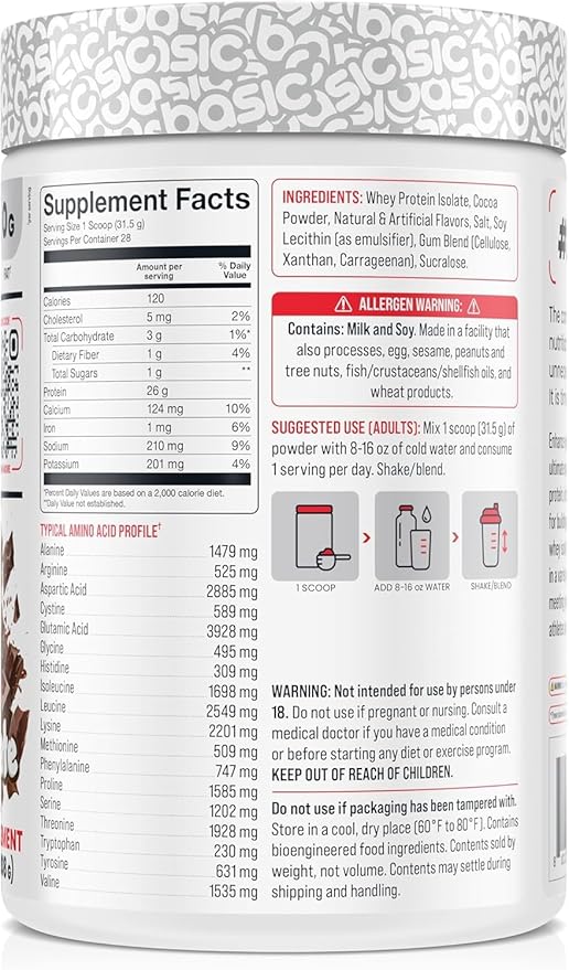 Basic Whey Protein Isolate 26g Protein 0g Fat Gluten-Free RBST-Free Rapid Absorption 110 Calories