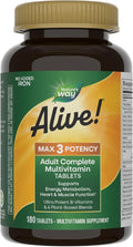Nature's Way Alive! Max3 Potency Adult Complete Multivitamin High Potency B-Vitamins to Support Cellular Energy Metabolism* Multivitamin with Methylated B12 &amp Folate No Added Iron 180 Tablets
