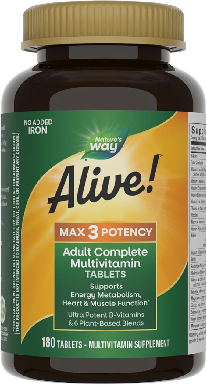Nature's Way Alive! Max3 Potency Adult Complete Multivitamin High Potency B-Vitamins to Support Cellular Energy Metabolism* Multivitamin with Methylated B12 &amp Folate No Added Iron 180 Tablets