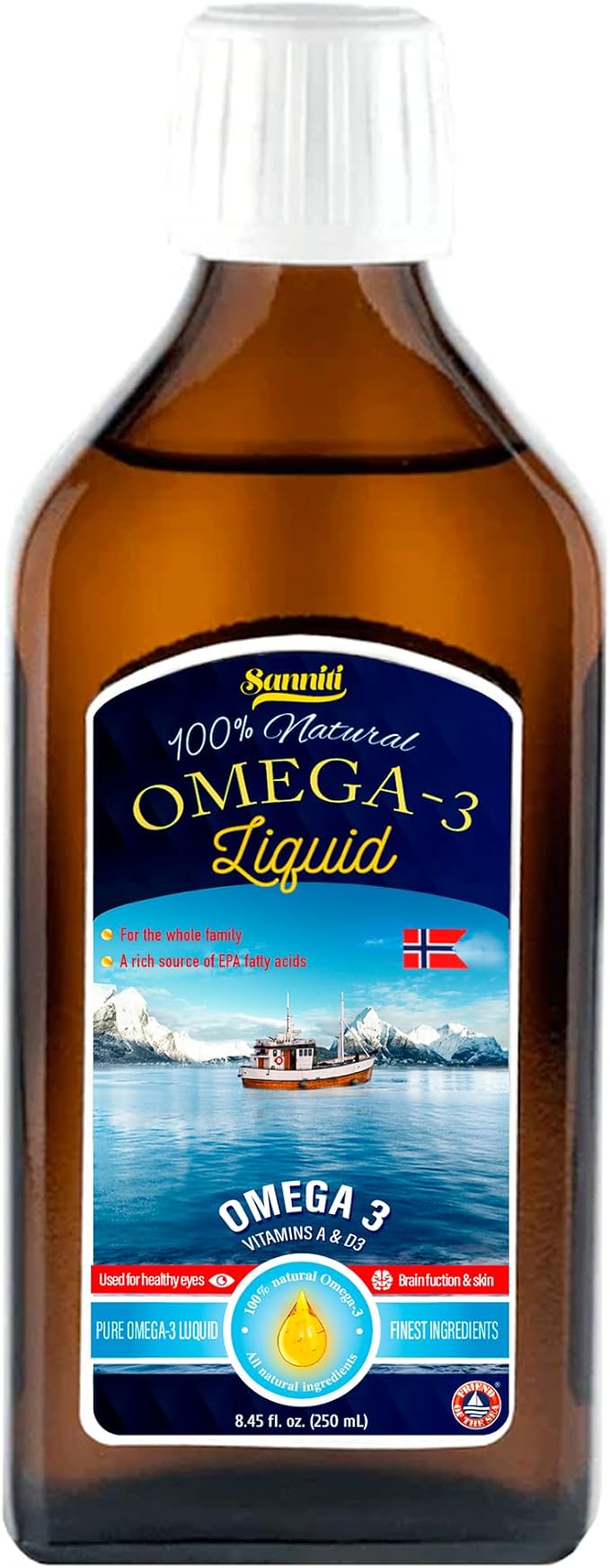 Sanniti 100% Natural Omega-3 Liquid | A Rich Source of EPA Fatty acids | Vitamins A &amp D3 | Product of Norway Sourced from Anchovies Sardines and Other Wild Fish 8.45 fl. oz