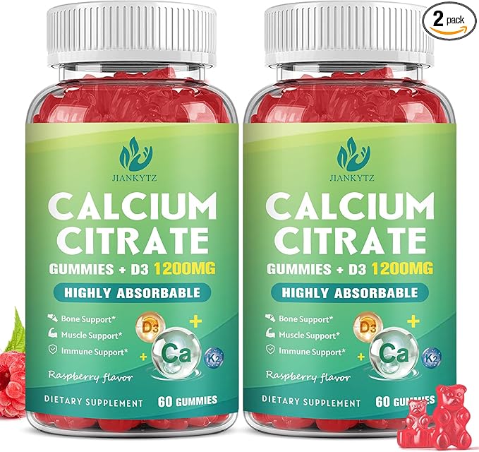 (2 Pack) 1200mg Calcium Citrate with Vitamin D3 Gummies Ultimate Absorption Chewable Calcium Citrate with Vitamin D3 K2 C Magnesium Zinc for Bone Muscle Immune Support- Raspberry 120 Gummies