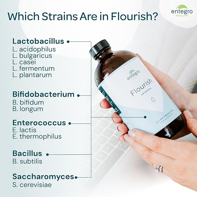 ENTEGRO Flourish Original Liquid Probiotic &amp Postbiotic Supplement - Glass | 11 Live Cultures | Gut &amp Digestive Health for Women Men &amp Kids | Organic Vegan Allergen Free | USA Made | 16