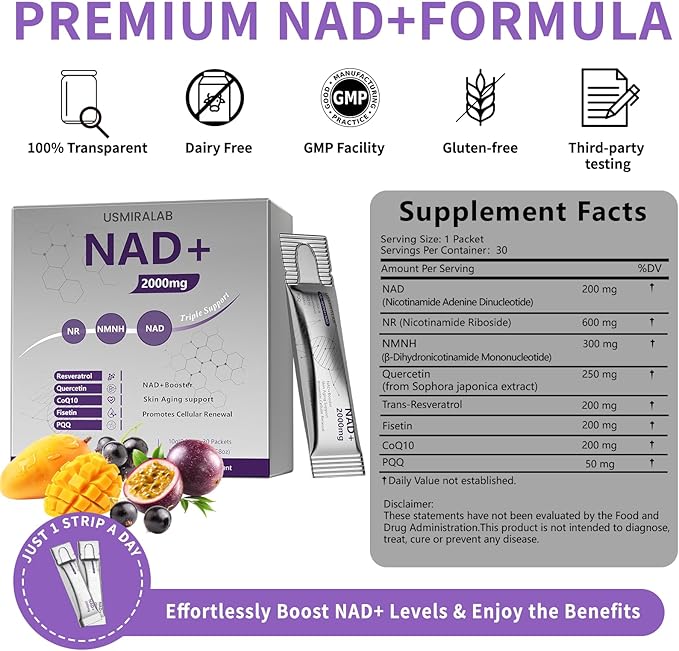 NAD+ Supplement Packets | 1000mg Liquid | Advanced Nicotinamide Riboside Trans-Resveratrol PQQ &amp Quercetin Complex for Cellular Energy &amp Healthy Aging Support - 2 Flavors (30 Count)