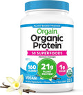 Orgain Organic Vegan Protein + 50 Superfoods Powder Vanilla Bean - 21g Plant Based Protein 8g Prebiotic Fiber No Lactose Ingredients Gluten Free No Added Sugar Non-GMO 2.02 lb