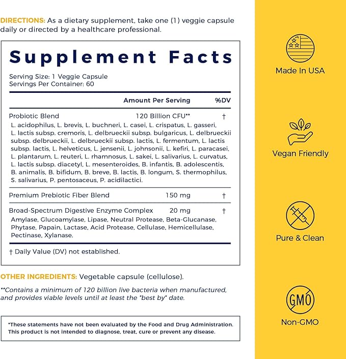 NewRhythm Probiotics 120 Billion CFU 36 Strains 3-in-1 Probiotics with Prebiotics &amp Enzymes Probioticos for Women &amp Men Vegan Targeted Release Supplement 60ct