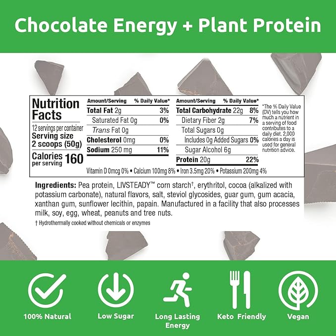 UCAN Energy + Plant Protein Powder - Vegan Plant Based Protein 20g Pea Protein with Amino Acids EAAs &amp BCCAs - Keto Protein Powder - No Added Sugar Gluten-Free - Chocolate -12 Servings