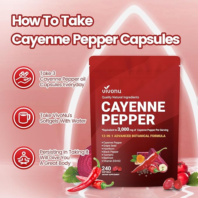 Cayenne Pepper Softgels Supplement with Vitamin E D3+K2 and Extracts of Turmeric Grape Seed Hawthorn Beetroot Berberine and Others Supports Leg Vein Heart and Blood Vessel Health (3 Pack)