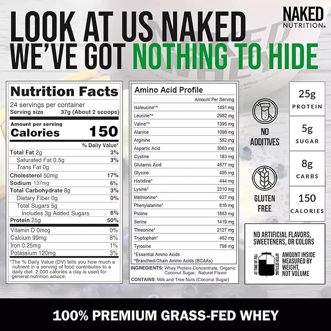 NAKED Whey Vanilla Protein Powder - Only 3 Ingredients - Grass Fed Whey Protein Powder Vanilla Flavor and Organic Coconut Sugar NSF Certified No GMO No Soy and Gluten Free - 24 Servings