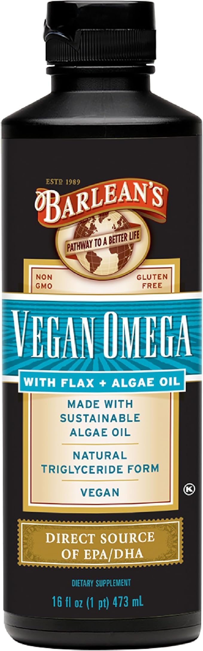 Barlean's Vegan Omega Liquid Flax and Algae Oil Plant Based EPA DHA Supplement from Algal Oil and Organic Flaxseed Omegas 3 6 and 9 Fatty Acid Supplements 16 Ounces