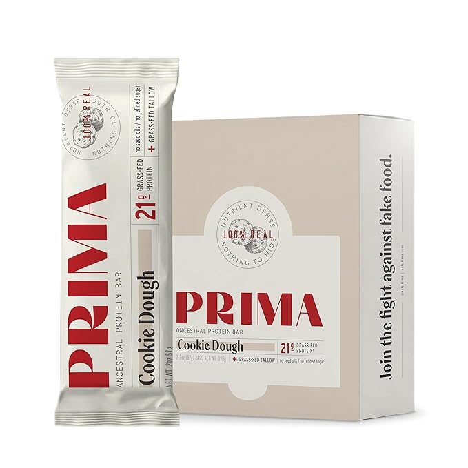 PRIMA Ancestral Protein Bar – Clean Grass Fed Protein Bar with Whey Collagen Honey and Coconut – 21g Protein No Preservatives or Seed Oils – Cookie Dough - 7 Pack