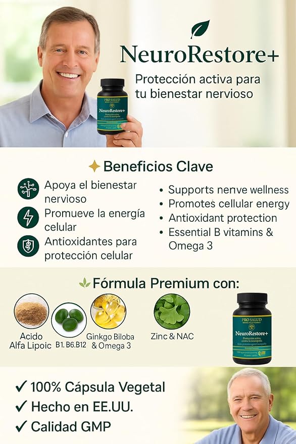 NeuroRestore+ | Premium Nerve Support Formula with Alpha Lipoic Acid B Vitamins Ginkgo Biloba &amp Omega 3 | 90 Vegetable Capsules | Supports Nerve Health Energy &amp Wellness | Made in USA