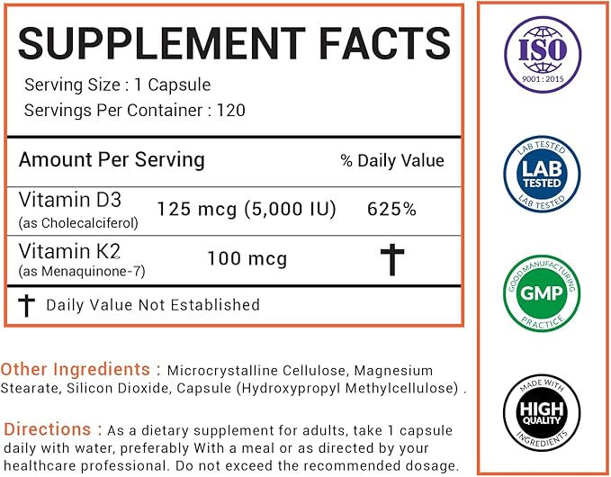 Vitamin D3 5000 IU – Enhanced Bone Heart &amp Immune Support – Supports Calcium Absorption Clean &amp Trusted Formula for Daily Wellness + Vitamin K2 (MK-7) 100 mcg – 120 Capsules