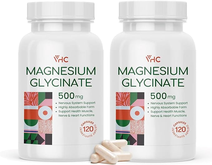 Magnesium Glycinate 500mg Supplement Capsules High Absorption- Gentle FormHighly Purified Magnesium Mineral Supplements for Women &amp Men Made in USA (2 Bottles)