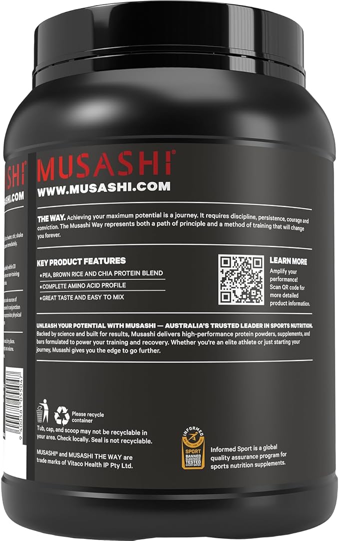 MUSASHI Plant Protein Vanilla Powder 900g Tub 1.98 Pounds