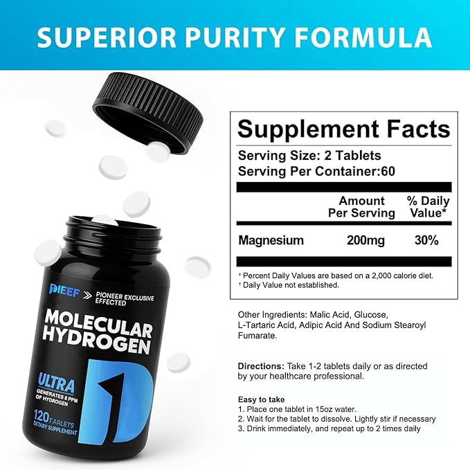 Hydrogen Water Tablets 240 Tablets Fast-Dissolving H2 Molecular Hydrogen with Magnesium Supplements Supports Brain Health Energy and Cognitive Function Non-GMO Gluten-Free &amp Vegan 2Pack