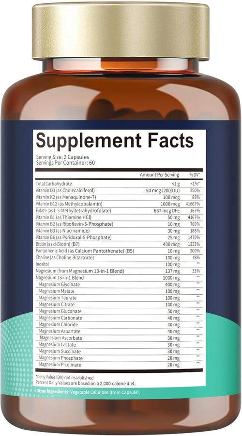 25-in-1 Magnesium Complex with Methylated B Complex 120 Vegan Capsules per Bottle 2 Bottles