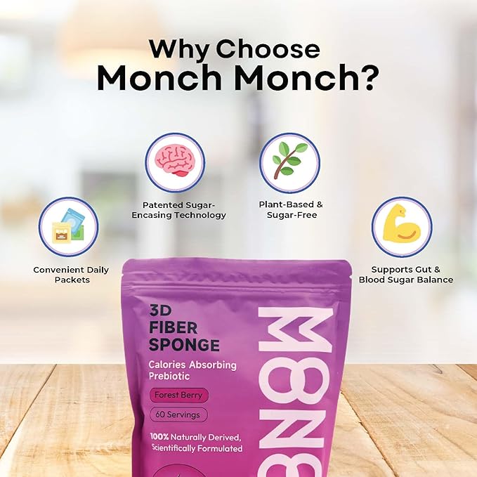 Monch Monch Calorie Absorbing Fiber Sponge – Forest Berry One Month Supply – Konjac Gum &amp Prebiotic Fiber Supplement for Gut Health &amp Blood Sugar Support – Vegan Sugar-Free 60 Ct