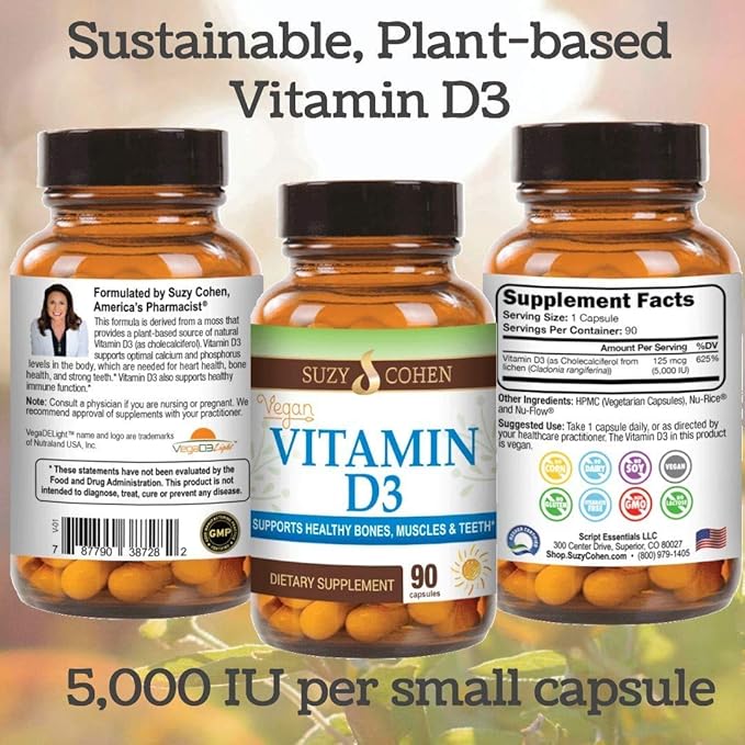 Script Essentials Vegan Vitamin D3 5000 IU for Healthy Muscle Function Bone Health and Immune Support - Non-GMO Gluten Free and Kosher Certified - 90 Servings
