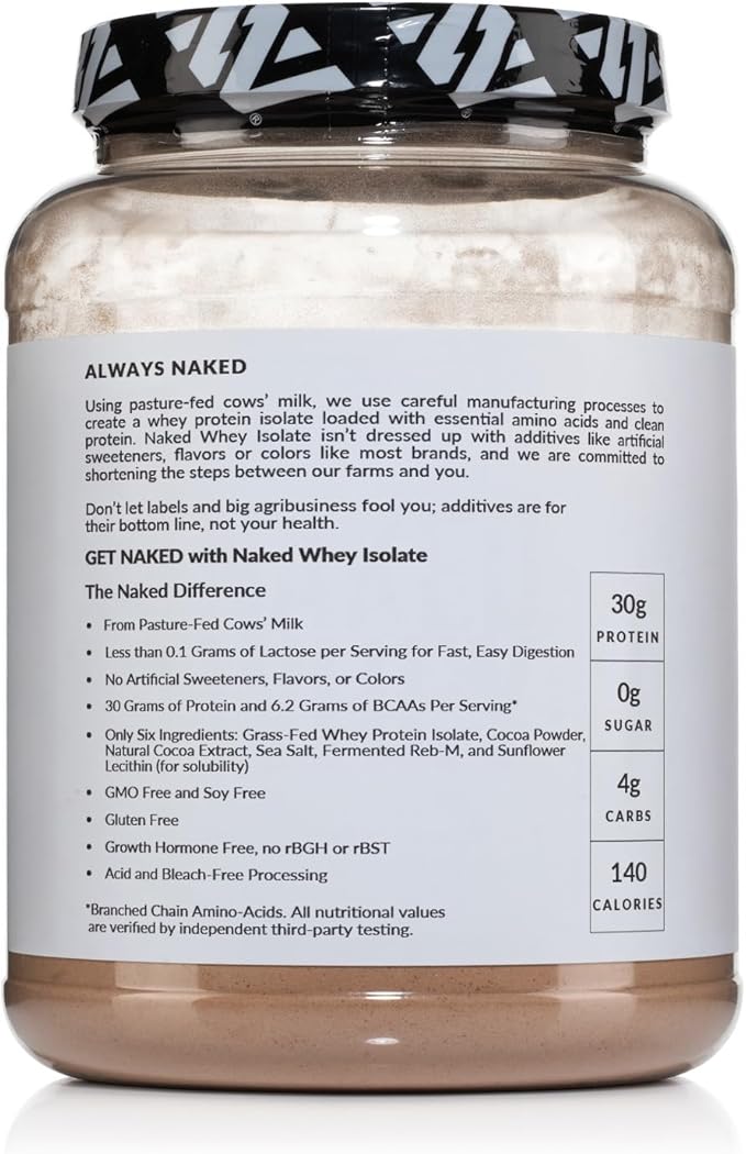 NAKED Chocolate Whey Isolate Protein - Only 6 Ingredients 30g Grass-Fed Protein Undenatured No GMO No Soy Gluten-Free No Preservatives - 24 Servings