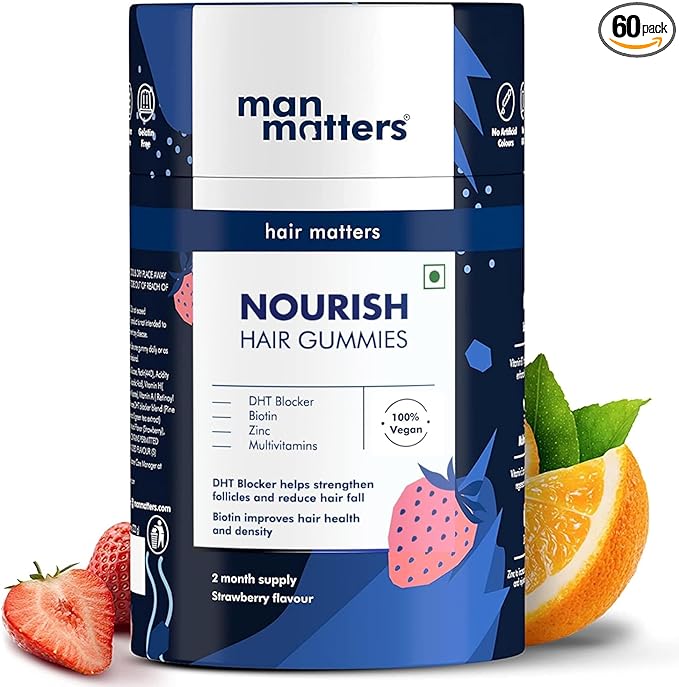 Man Matters Biotin Hair Gummies for Men | Keeps Hair Healthy and Strong | Strawberry Flavoured | Vitamin A Vitamin C Vitamin E &amp Zinc | 100% Vegetarian | 60 Days Pack